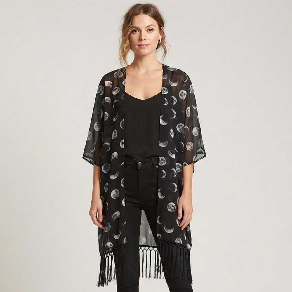 Hot Topic Moon Phase Print Fringe Kimono Sheer Black Celestial Goth Size 2/3